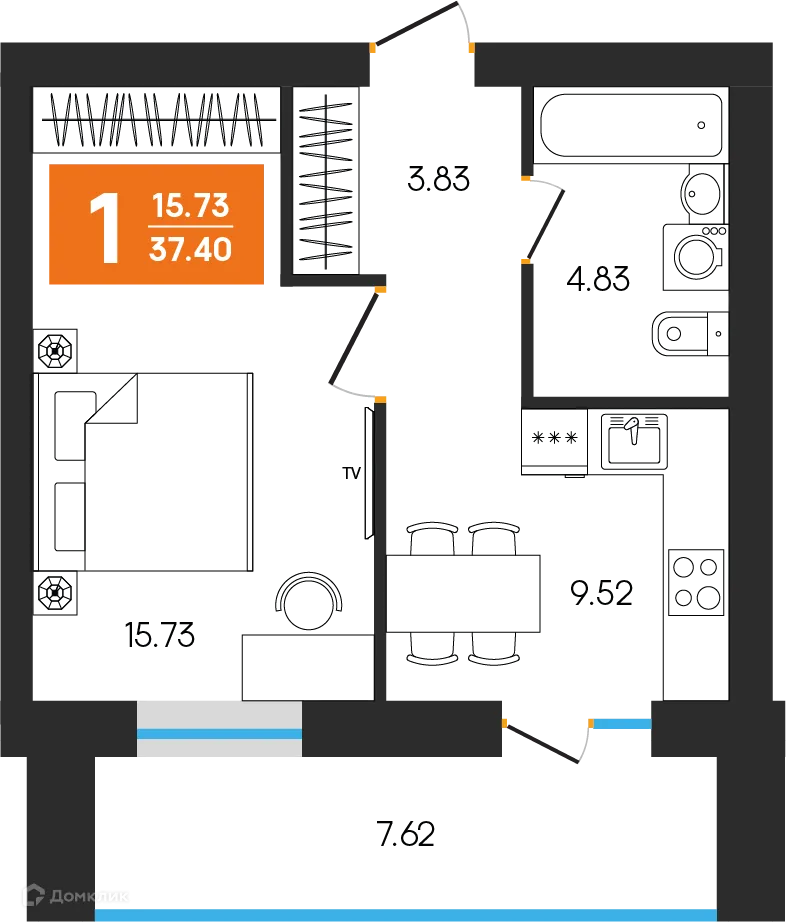 Планировка 1-комнатной квартиры 37.4 м² в ЖК Симфония, г. Октябрьский — фото 1