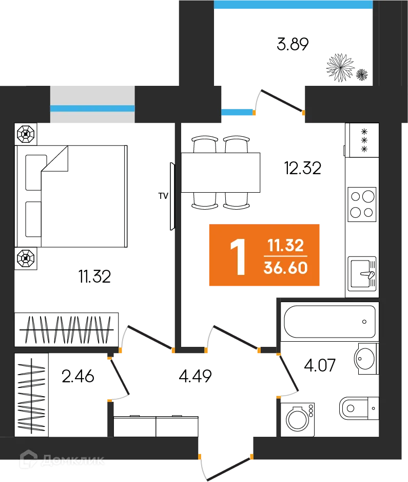 Планировка 1-комнатной квартиры 36.6 м² в ЖК Симфония, г. Октябрьский — фото 1