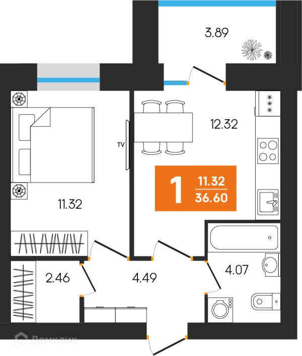 Планировка 1 комн. в ЖК Симфония