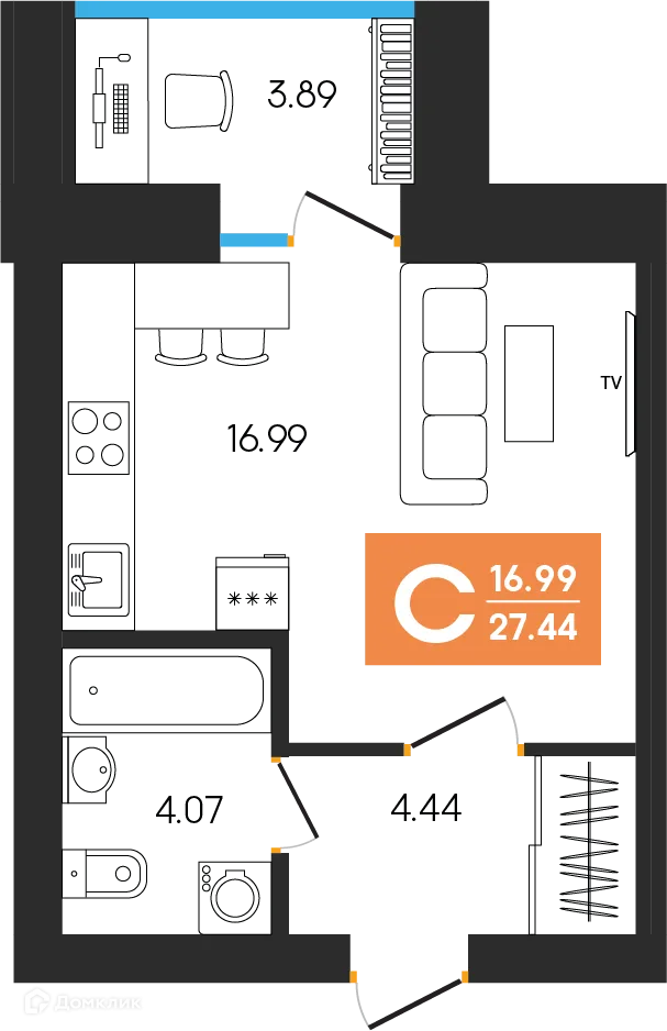 Планировка студии квартиры 27.44 м² в ЖК Симфония, г. Октябрьский — фото 1