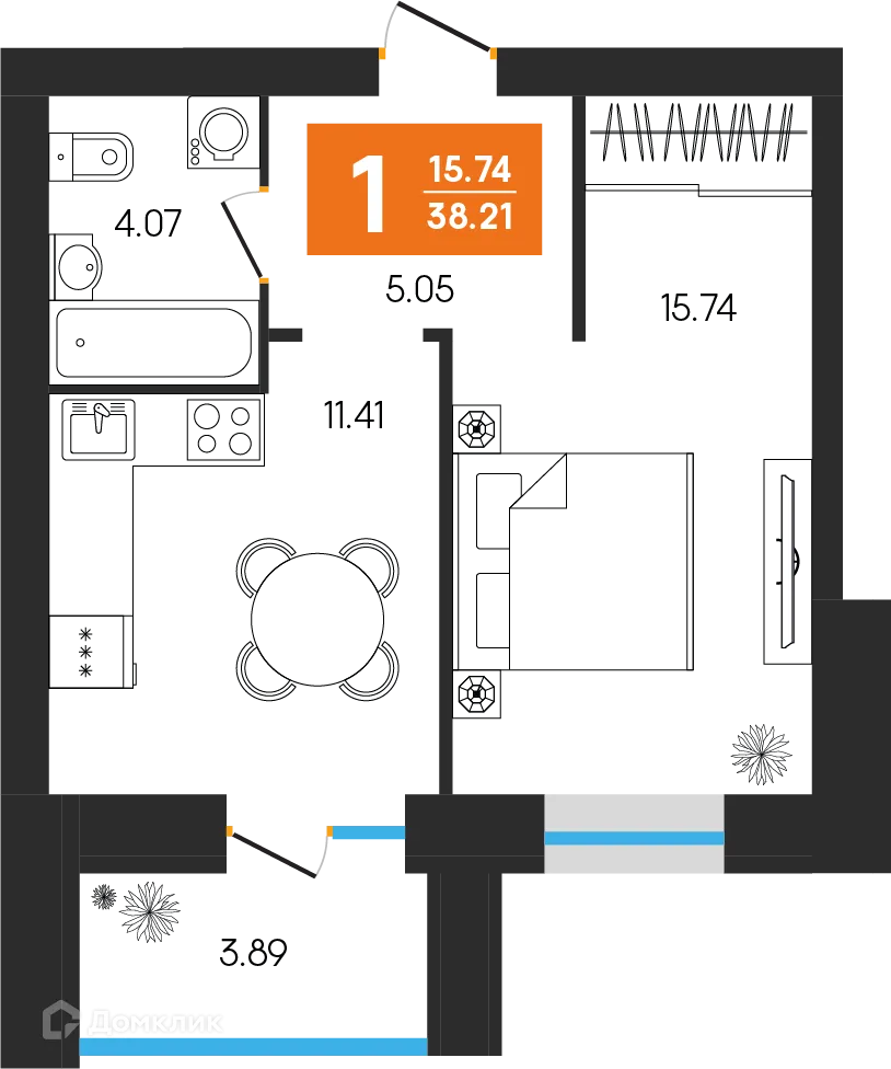 Планировка 1-комнатной квартиры 38.21 м² в ЖК Симфония, г. Октябрьский — фото 1