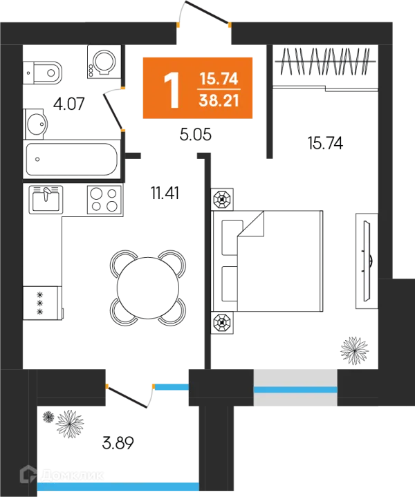Планировка 1 комн. в ЖК Симфония