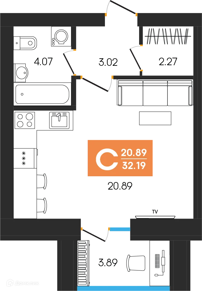 Планировка студии квартиры 32.19 м² в ЖК Симфония, г. Октябрьский — фото 1