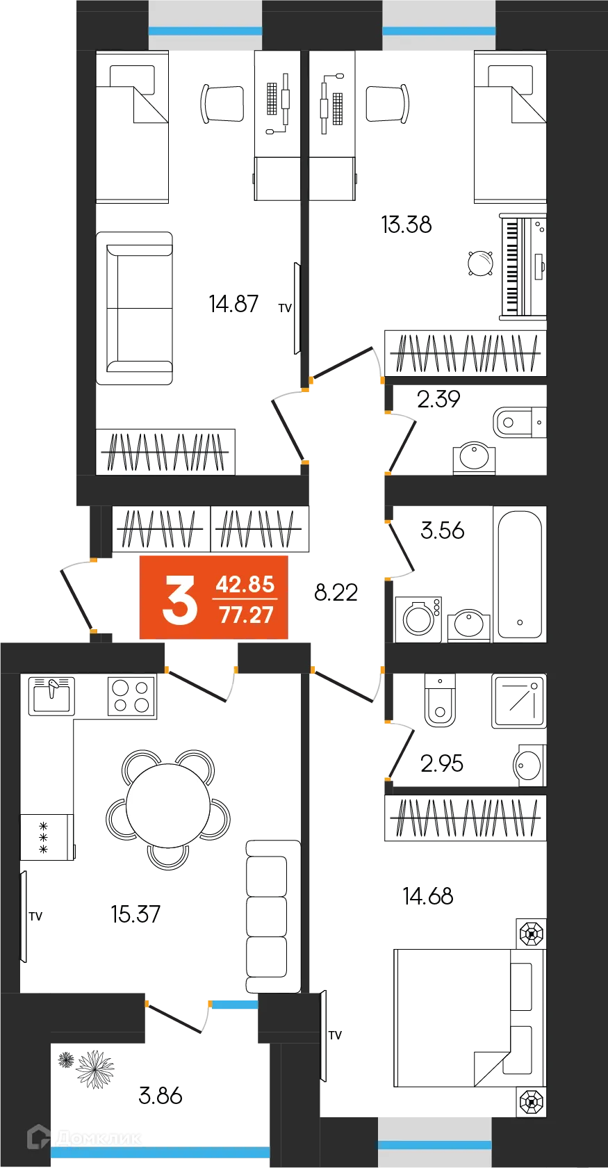 Планировка 4-комнатной квартиры 77.27 м² в ЖК Симфония, г. Октябрьский — фото 1