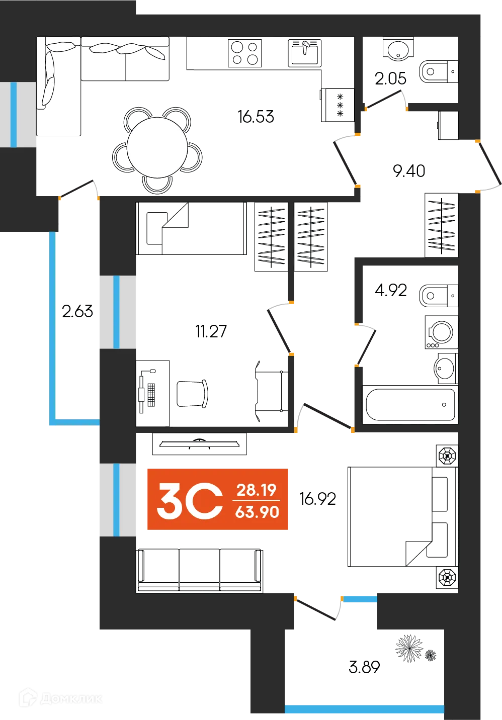 Планировка 3-комнатной квартиры 63.9 м² в ЖК Симфония, г. Октябрьский — фото 1