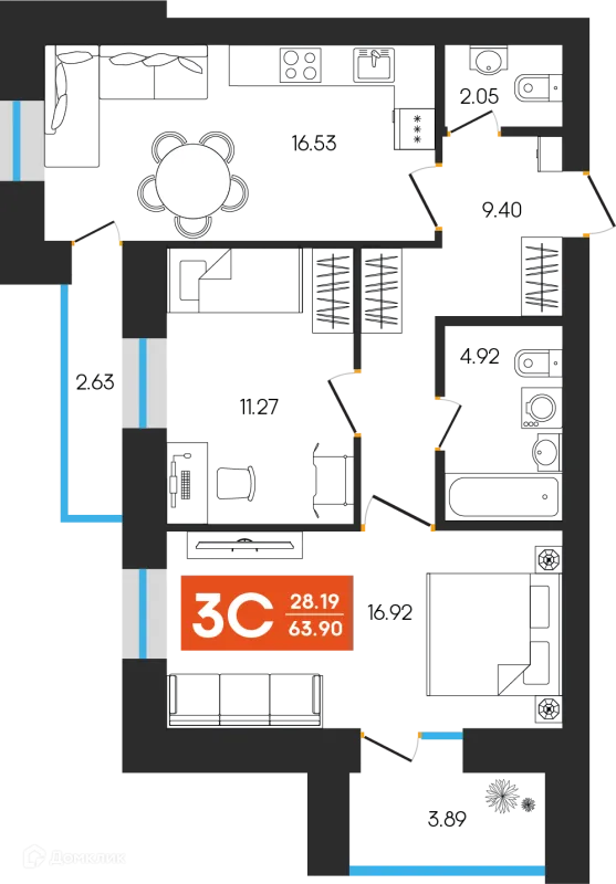 Планировка 3 комн. в ЖК Симфония