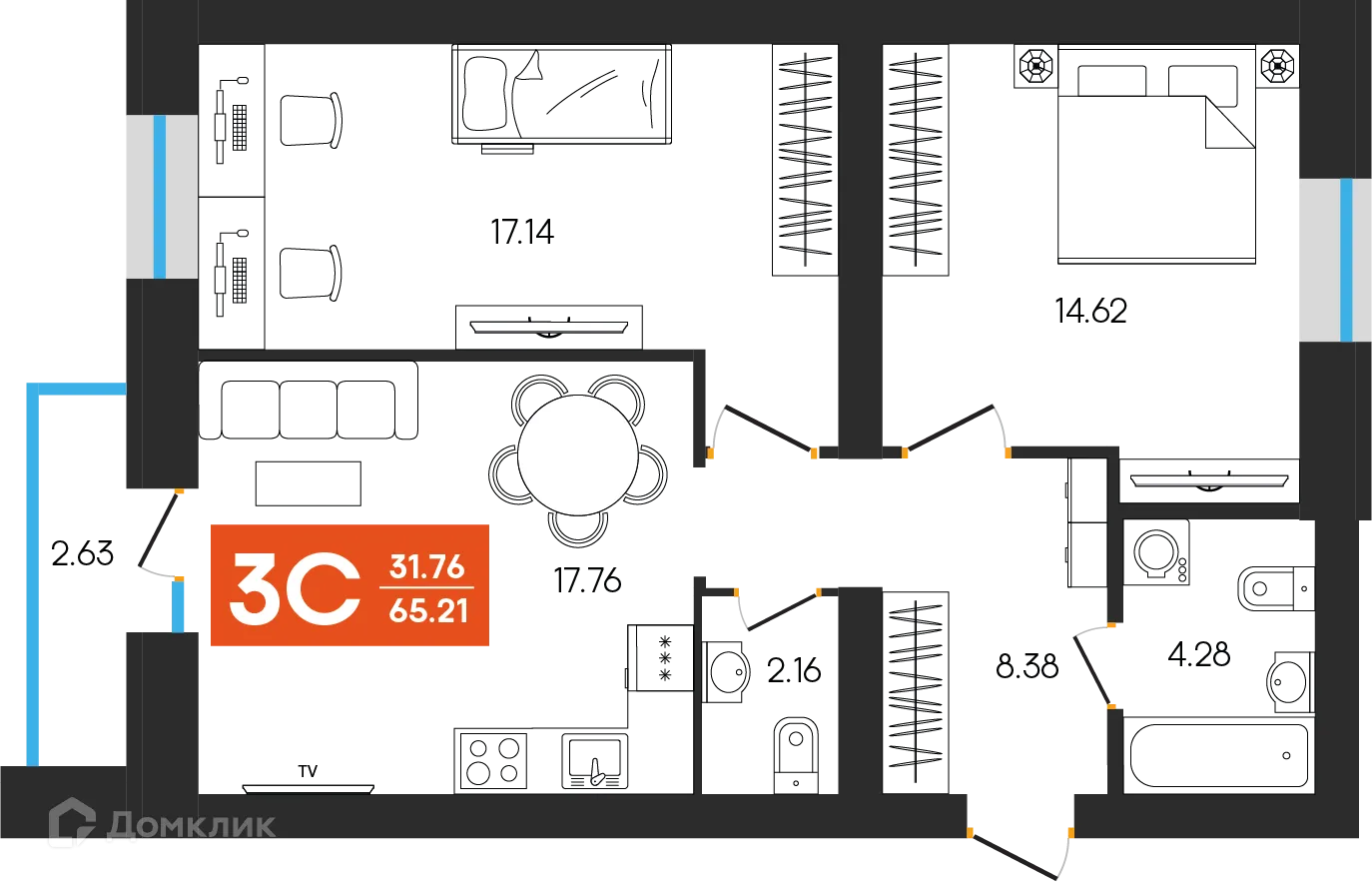 Планировка 3-комнатной квартиры 65.21 м² в ЖК Симфония, г. Октябрьский — фото 1