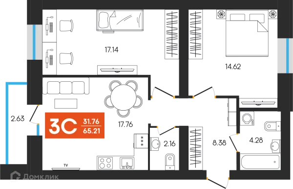 Планировка 3 комн. в ЖК Симфония