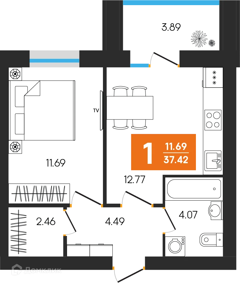 Планировка 1-комнатной квартиры 37.42 м² в ЖК Симфония, г. Октябрьский — фото 1