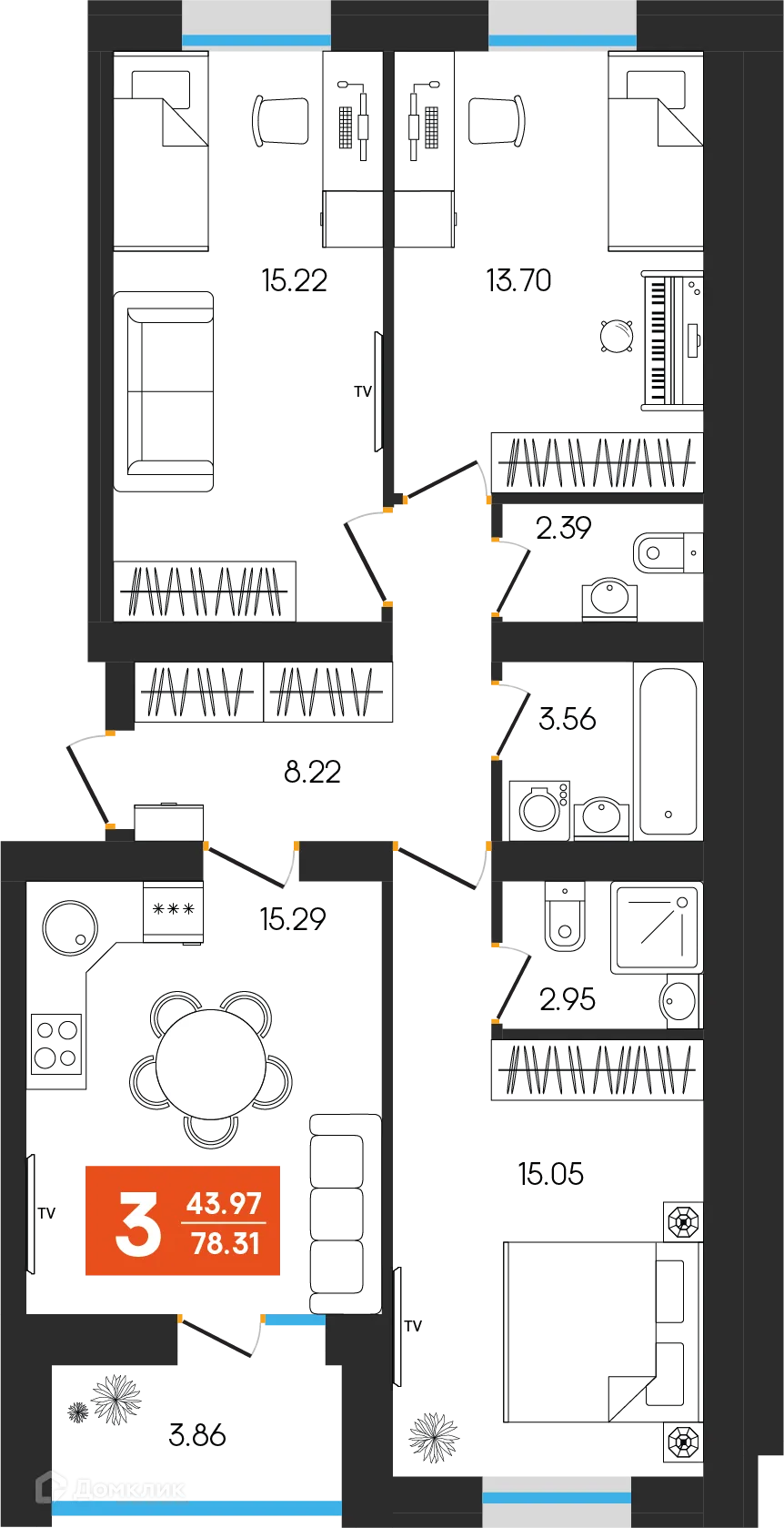 Планировка 4-комнатной квартиры 78.31 м² в ЖК Симфония, г. Октябрьский — фото 1