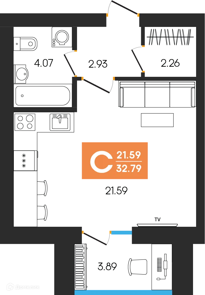 Планировка студии квартиры 32.79 м² в ЖК Симфония, г. Октябрьский — фото 1