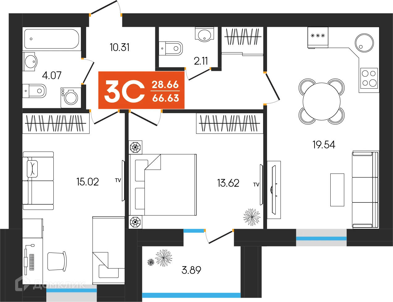 Планировка 3-комнатной квартиры 66.63 м² в ЖК Симфония, г. Октябрьский — фото 1