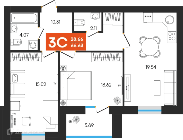 Планировка 3 комн. в ЖК Симфония