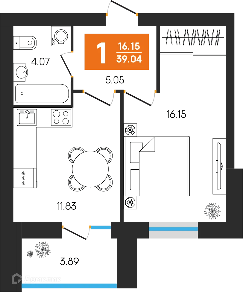 Планировка 1-комнатной квартиры 39.04 м² в ЖК Симфония, г. Октябрьский — фото 1