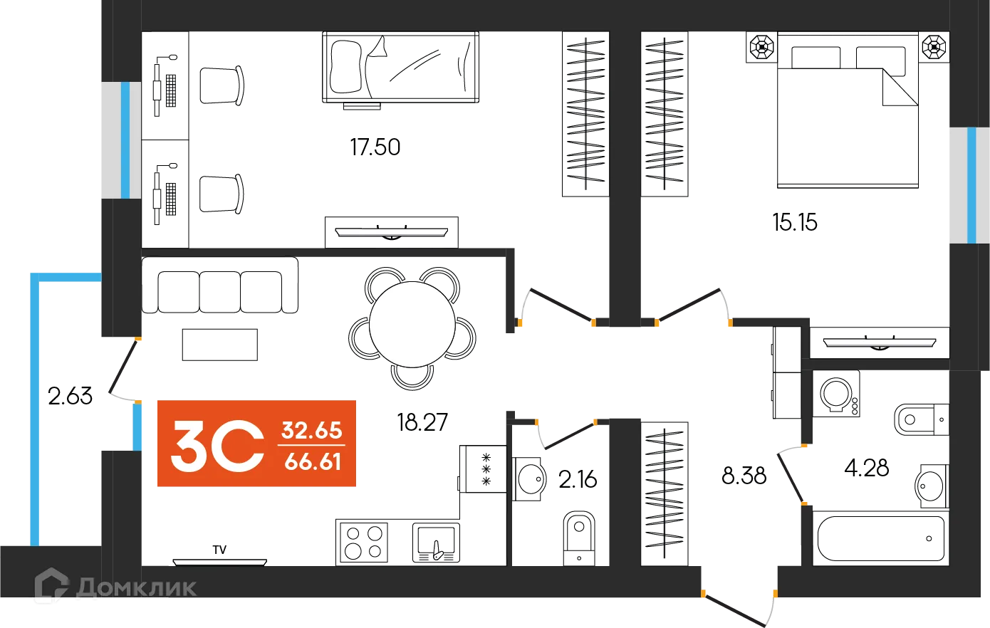 Планировка 3-комнатной квартиры 66.61 м² в ЖК Симфония, г. Октябрьский — фото 1