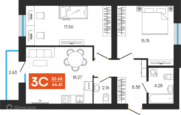 Планировка 3 комн. в ЖК Симфония
