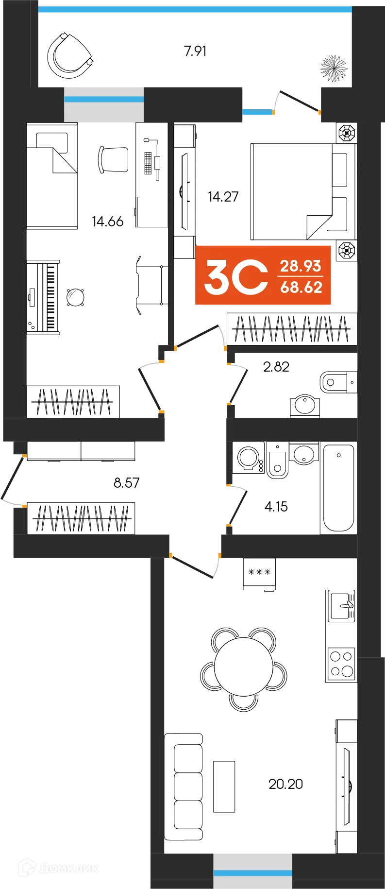 Планировка 3-комнатной квартиры 68.62 м² в ЖК Симфония, г. Октябрьский — фото 1