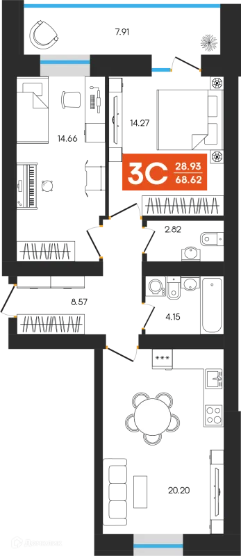 Планировка 3 комн. в ЖК Симфония