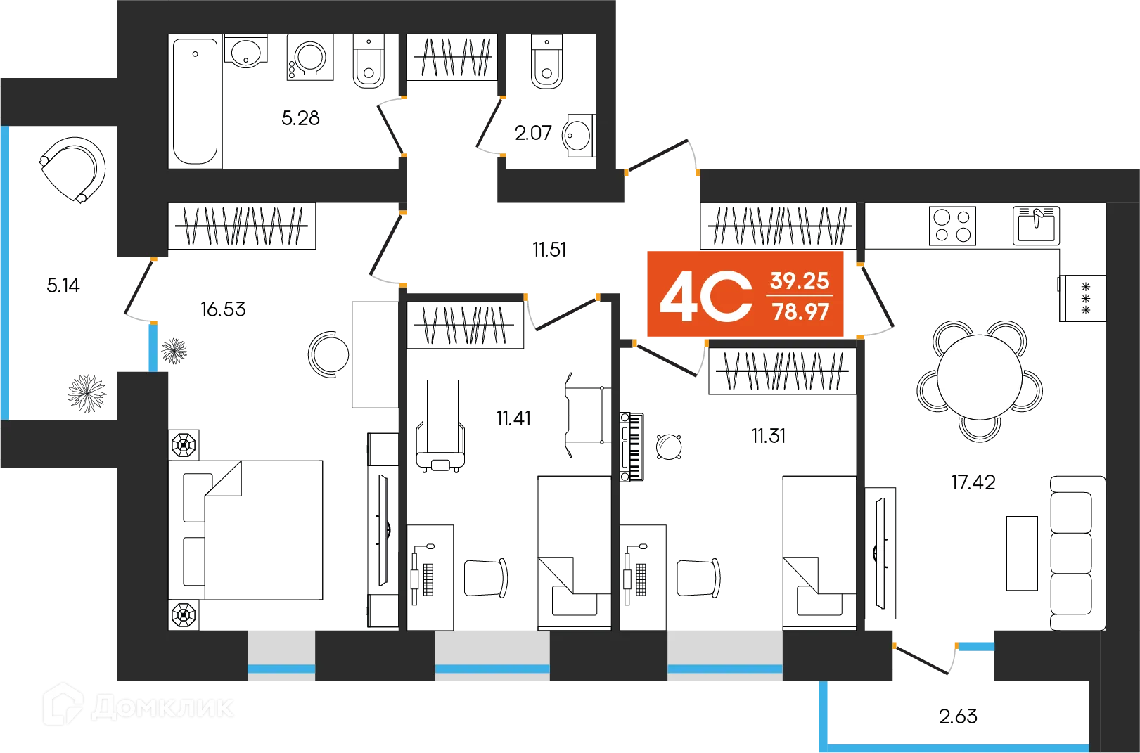 Планировка 4-комнатной квартиры 78.97 м² в ЖК Симфония, г. Октябрьский — фото 1