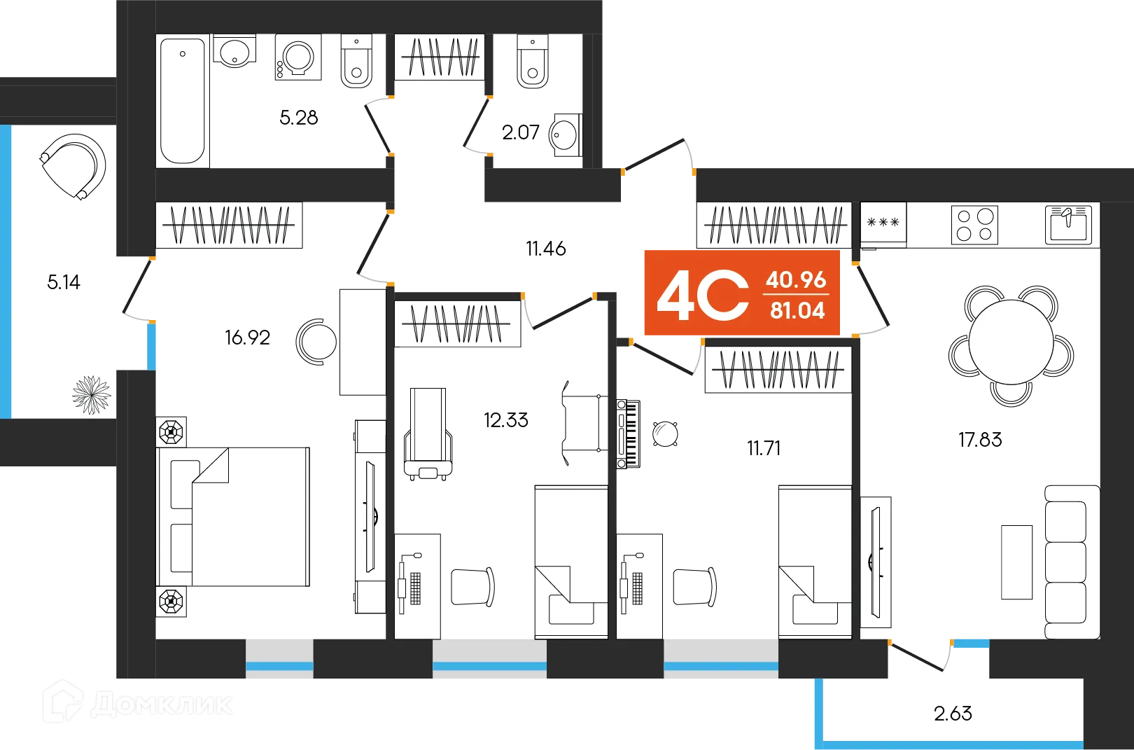 Планировка 4-комнатной квартиры 81.04 м² в ЖК Симфония, г. Октябрьский — фото 1