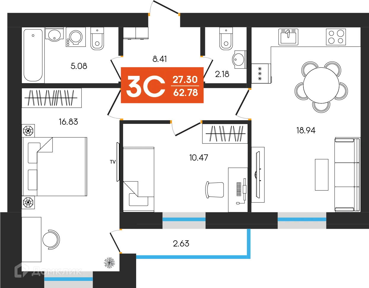 Планировка 3-комнатной квартиры 62.78 м² в ЖК Симфония, г. Октябрьский — фото 1