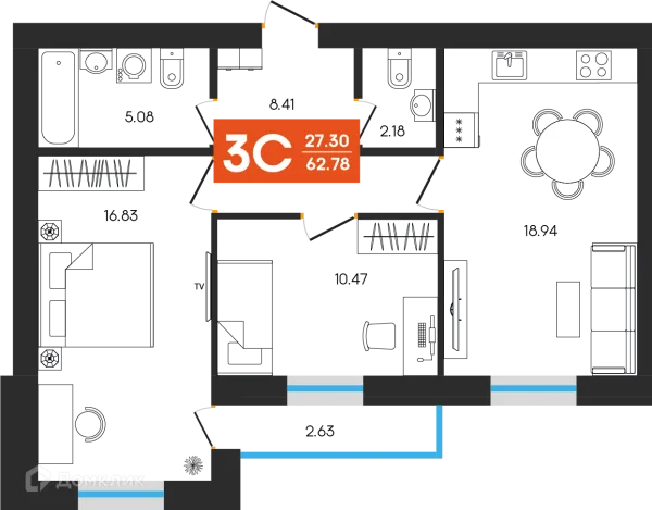 Планировка 3 комн. в ЖК Симфония