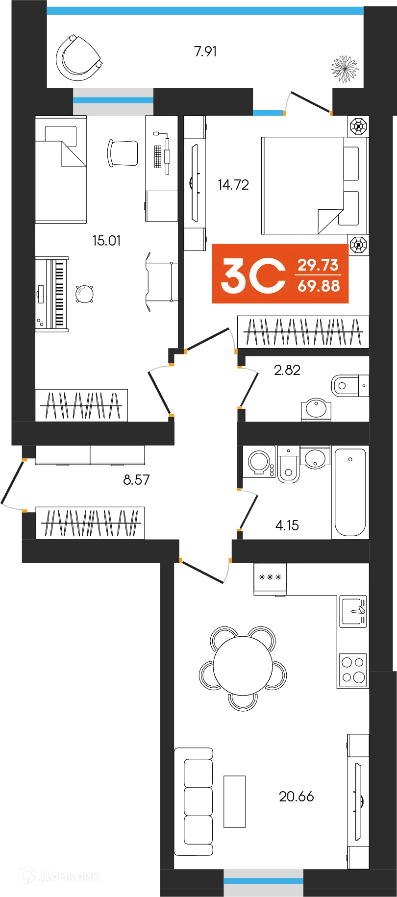 Планировка 3-комнатной квартиры 69.88 м² в ЖК Симфония, г. Октябрьский — фото 1