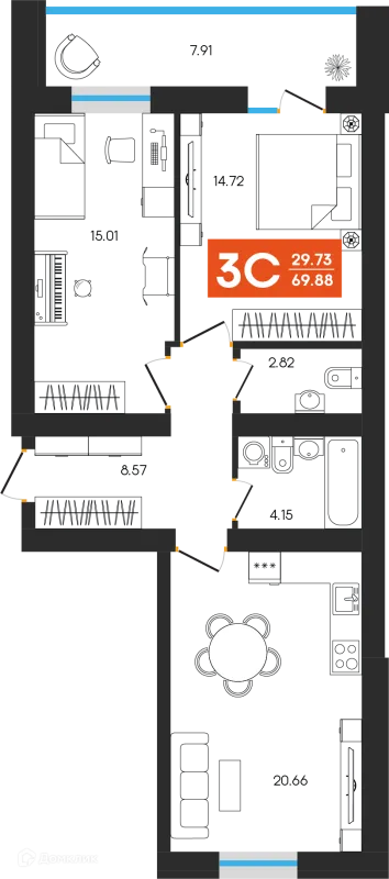 Планировка 3 комн. в ЖК Симфония