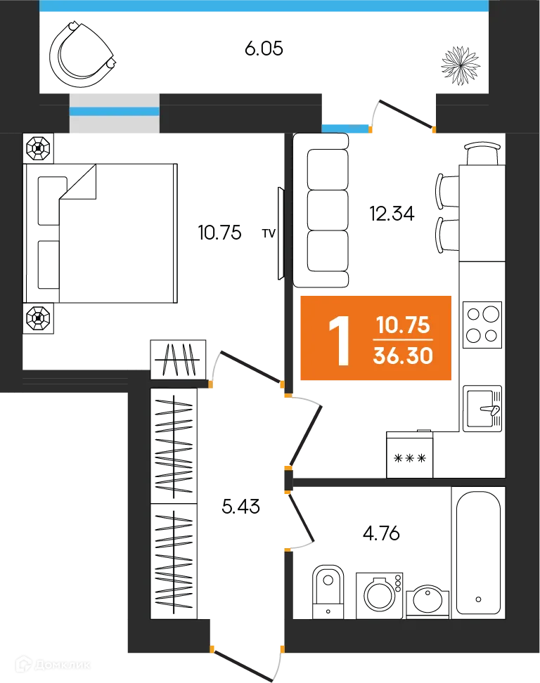 Планировка 1-комнатной квартиры 36.3 м² в ЖК Симфония, г. Октябрьский — фото 1