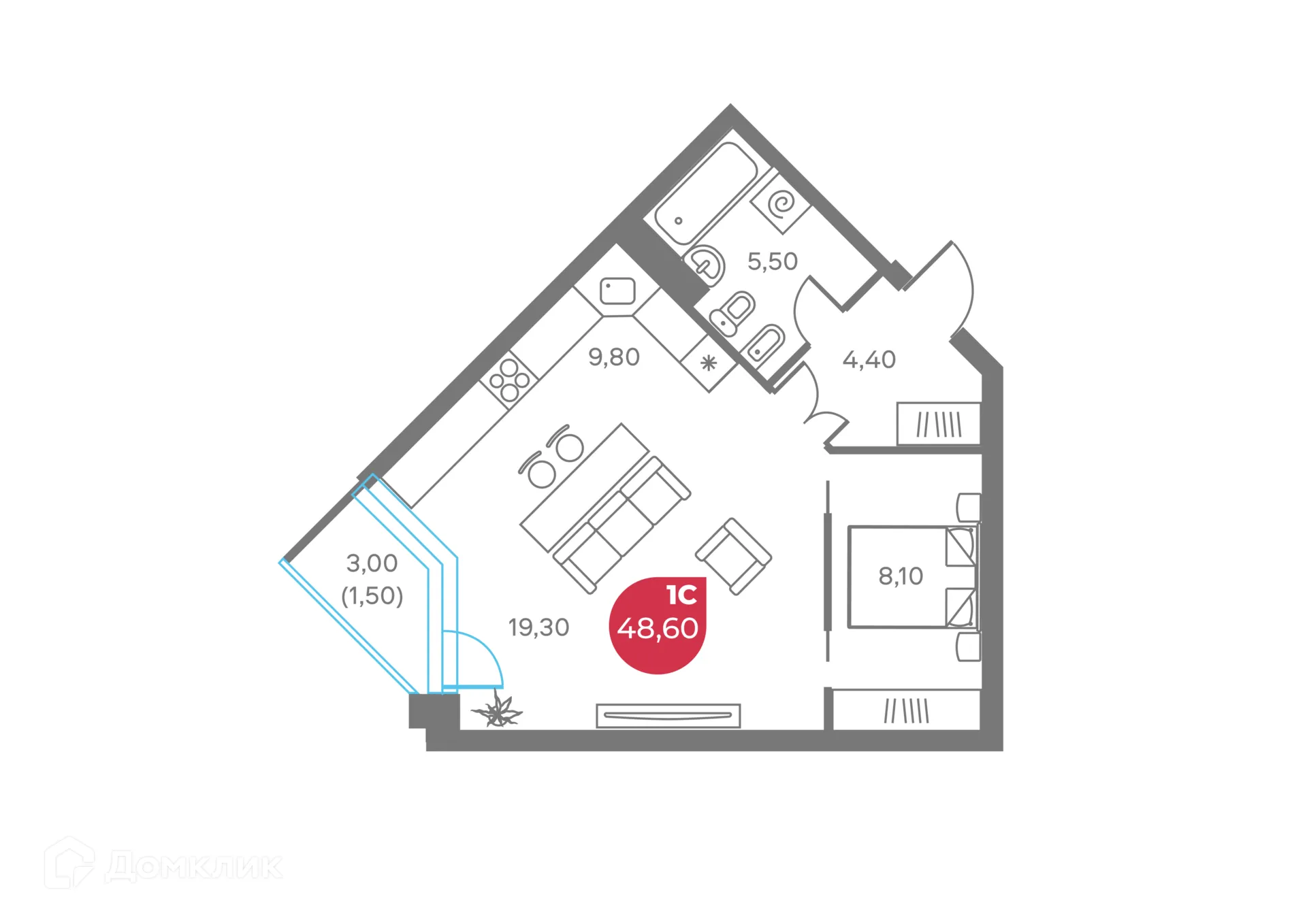 Планировка студии квартиры 48.6 м² в ЖК КАМА, г. Пермь — фото 1