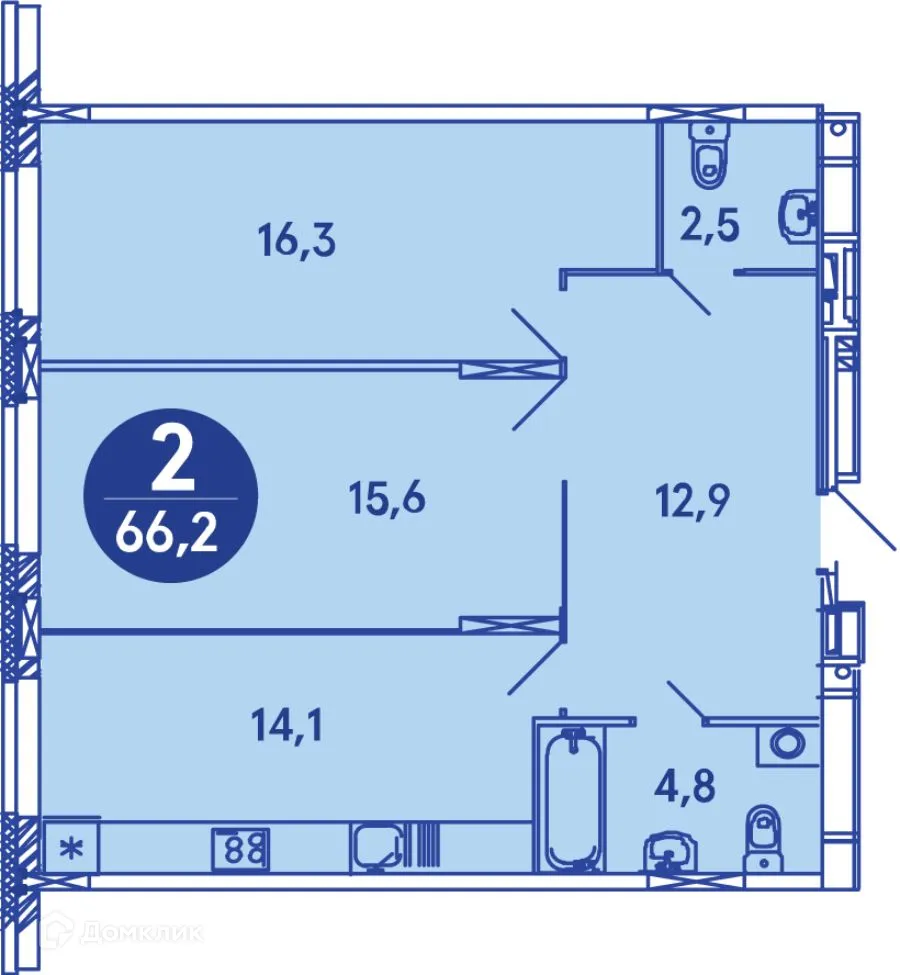 Планировка 2-комнатной квартиры 67 м² в ЖК Семейный квартал "iLOVE (АйЛав)", г. Пермь — фото 1