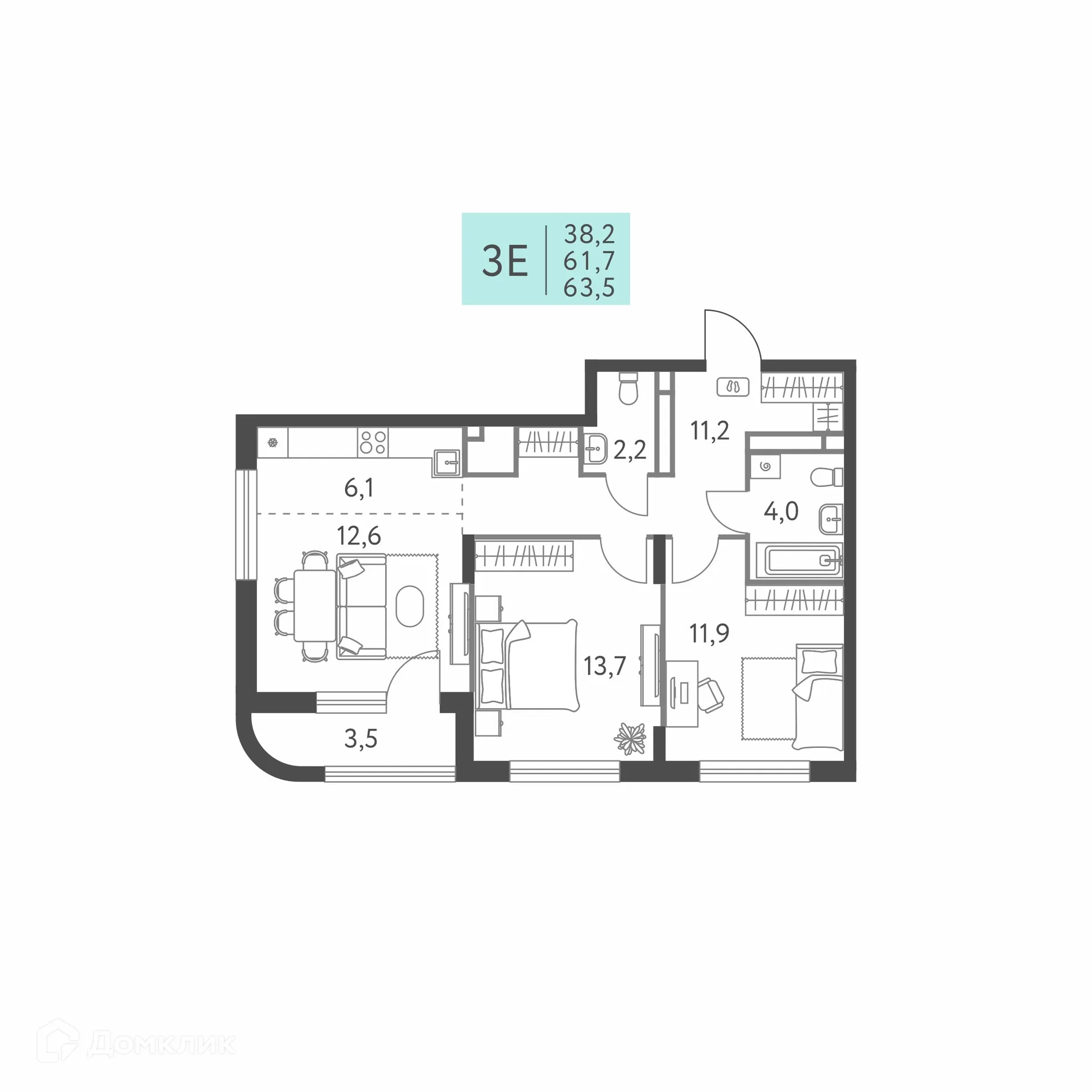 Планировка 3-комнатной квартиры 63.5 м² в ЖК Коннект квартал Левченко, 8, г. Пермь — фото 1