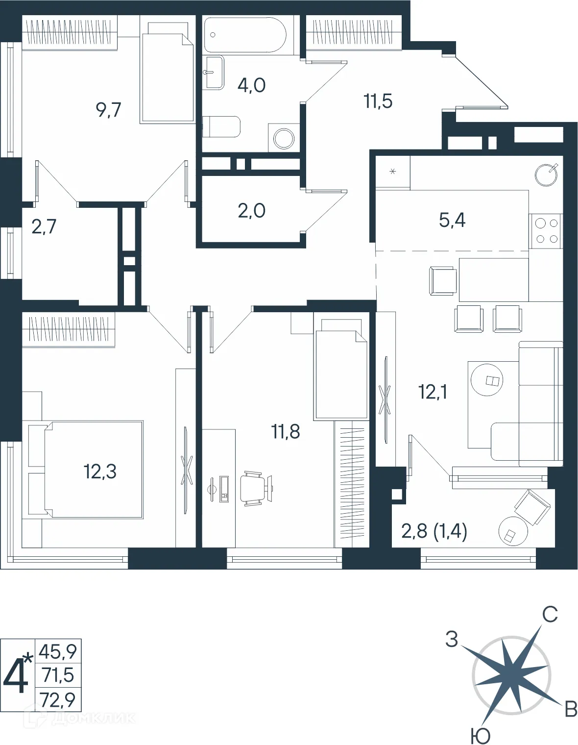 Планировка 4-комнатной квартиры 72.9 м² в ЖК ЮГ на Беляева, г. Пермь — фото 1