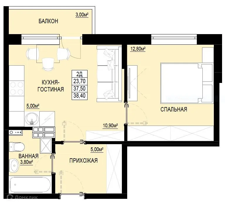Планировка 1-комнатной квартиры 38.5 м² в ЖК "Самоцветы Урала", г. Ревда — фото 1