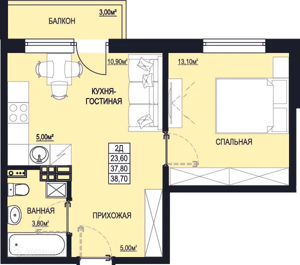 Планировка 1-комнатной квартиры 38.7 м² в ЖК "Самоцветы Урала", г. Ревда — фото 1