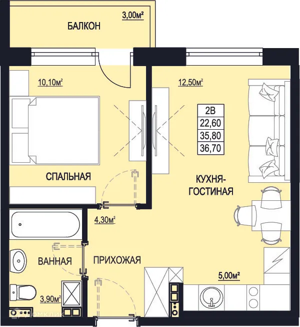 Планировка 1-комнатной квартиры 36.7 м² в ЖК "Самоцветы Урала", г. Ревда — фото 1