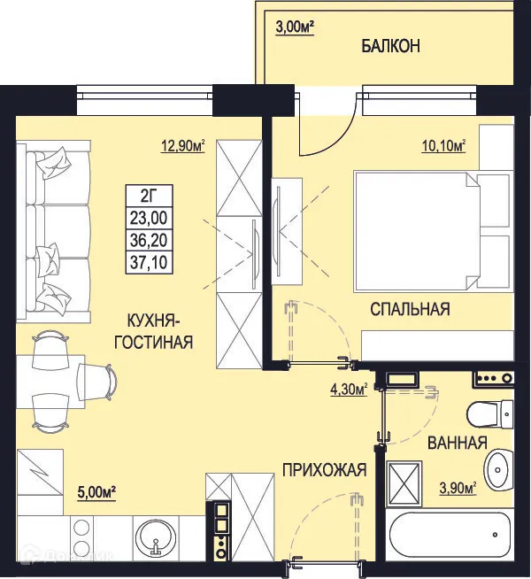 Планировка 1-комнатной квартиры 37.1 м² в ЖК "Самоцветы Урала", г. Ревда — фото 1