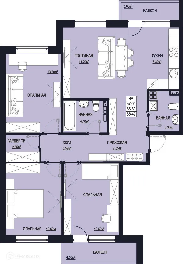 Планировка 3-комнатной квартиры 88.49 м² в ЖК "Самоцветы Урала", г. Ревда — фото 1