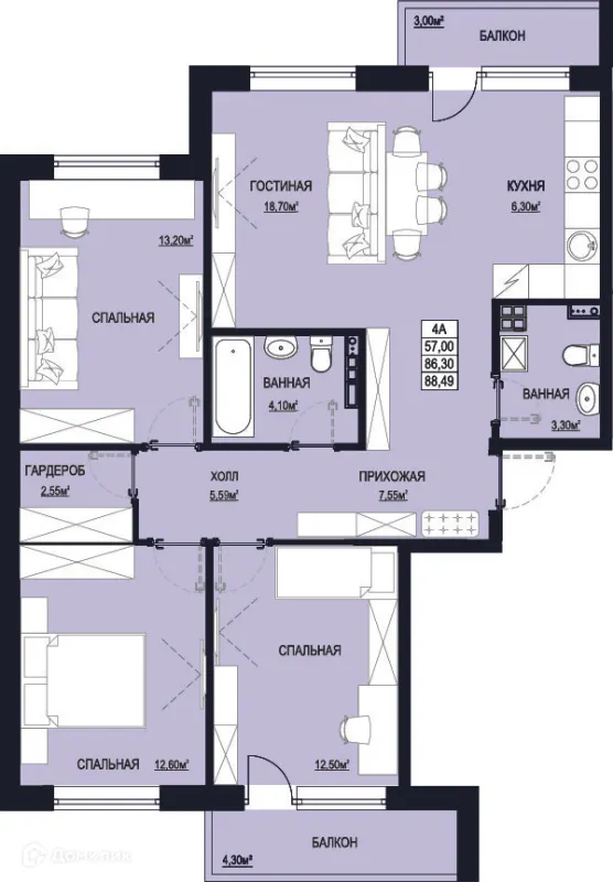 Планировка 3 комн. в ЖК "Самоцветы Урала"