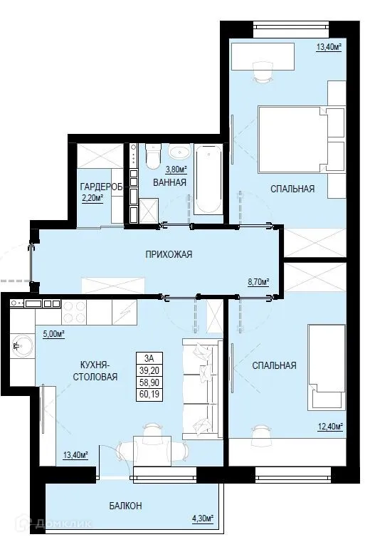 Планировка 2-комнатной квартиры 60.49 м² в ЖК "Самоцветы Урала", г. Ревда — фото 1