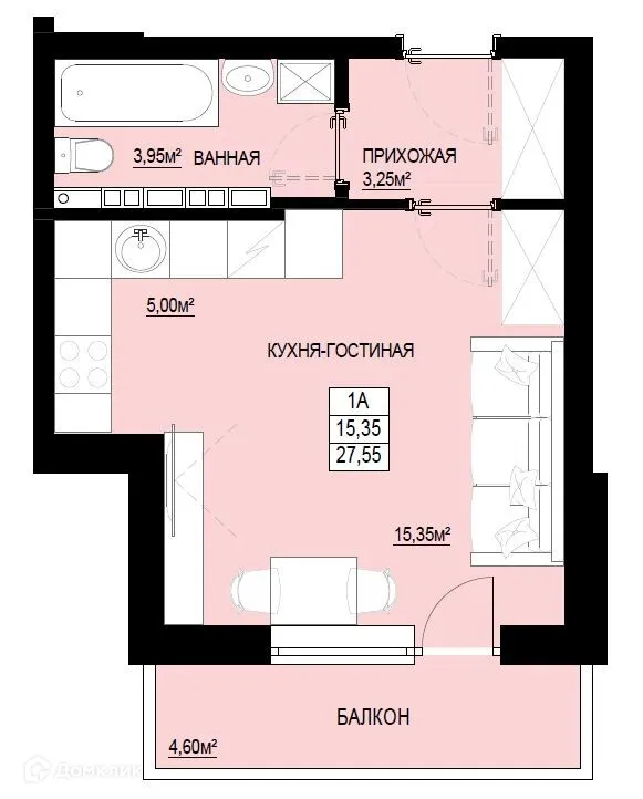 Планировка 1-комнатной квартиры 29.18 м² в ЖК "Самоцветы Урала", г. Ревда — фото 1
