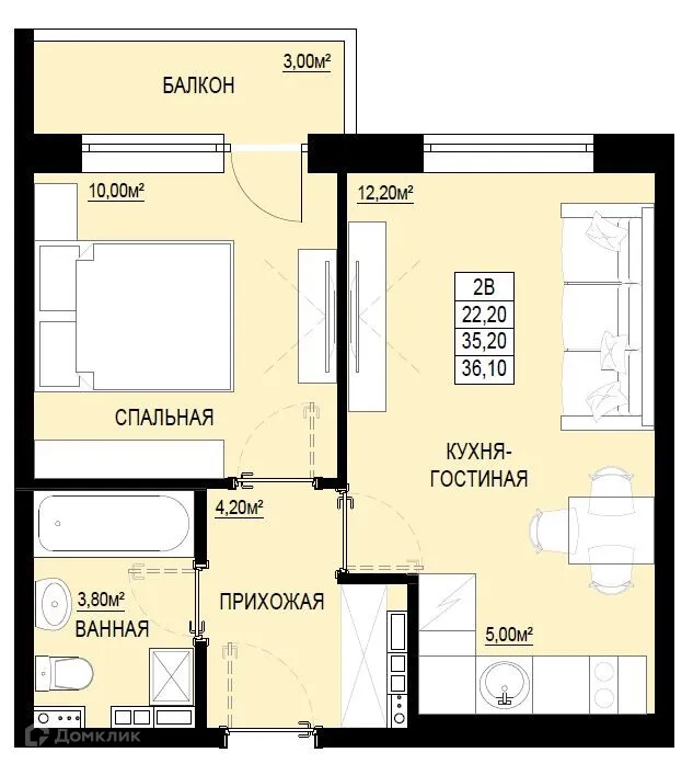 Планировка 1-комнатной квартиры 36.3 м² в ЖК "Самоцветы Урала", г. Ревда — фото 1