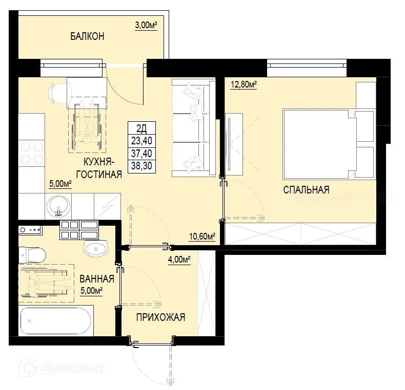 Планировка 1-комнатной квартиры 38.5 м² в ЖК "Самоцветы Урала", г. Ревда — фото 1