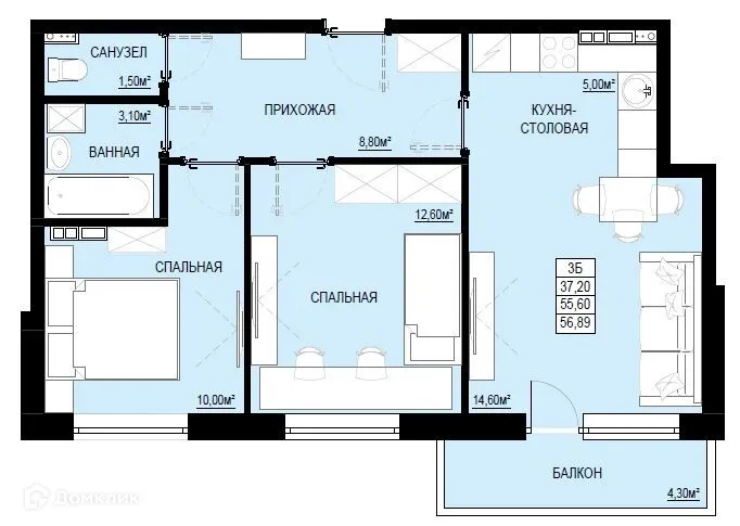 Планировка 2-комнатной квартиры 57.19 м² в ЖК "Самоцветы Урала", г. Ревда — фото 1