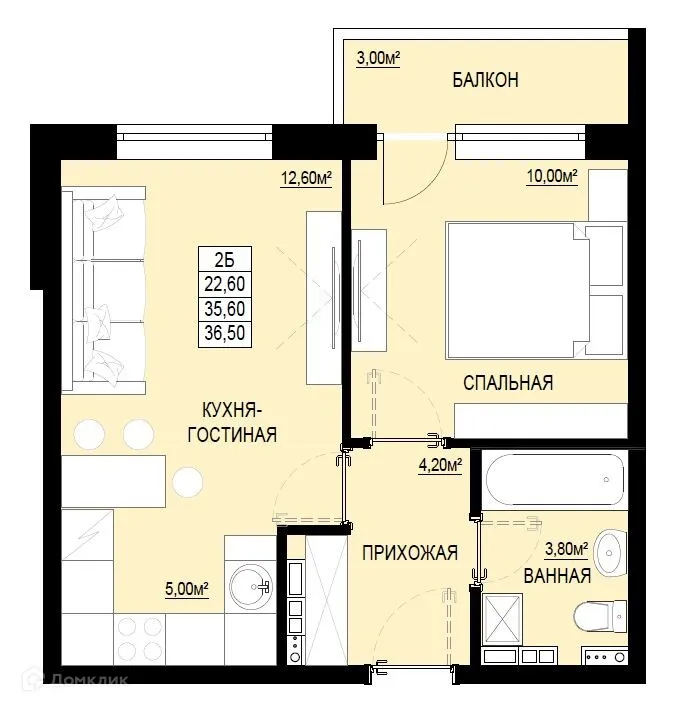 Планировка 1-комнатной квартиры 36.5 м² в ЖК "Самоцветы Урала", г. Ревда — фото 1