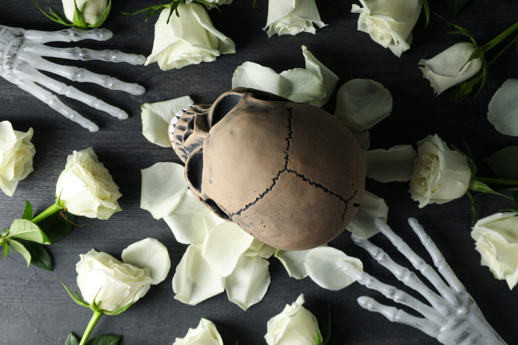 Skull hand bones and flowers on gray wooden background top vie - tstpp череп, кости рук и цветы