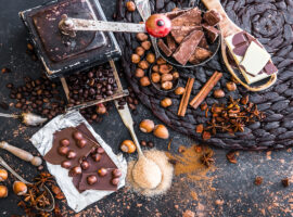 chocolate cocoa and various spices on table
