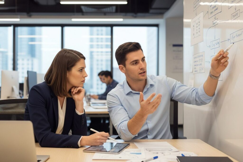 Коллега по работе внимательно слушает другого коллегу во время обсуждения проекта