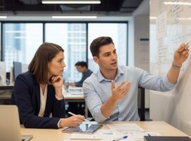 Коллега по работе внимательно слушает другого коллегу во время обсуждения проекта