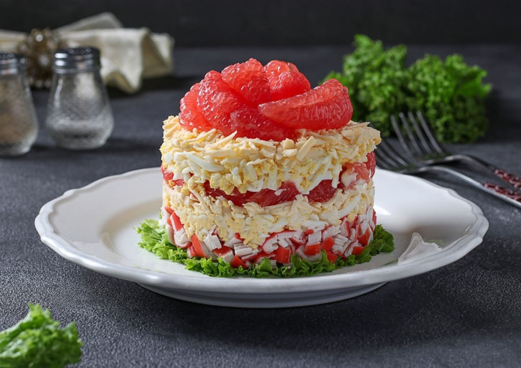 Рецепт слоеного салата с крабовыми палочками и грейпфрутом